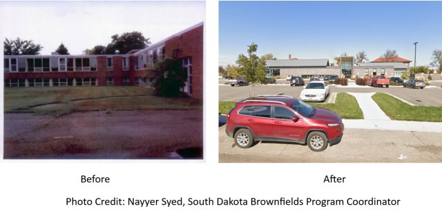 On the left is a photograph of a red brick abandoned church, with the caption “Before”. On the right is a photograph of a newly constructed grey brick library with the caption reading “After”.